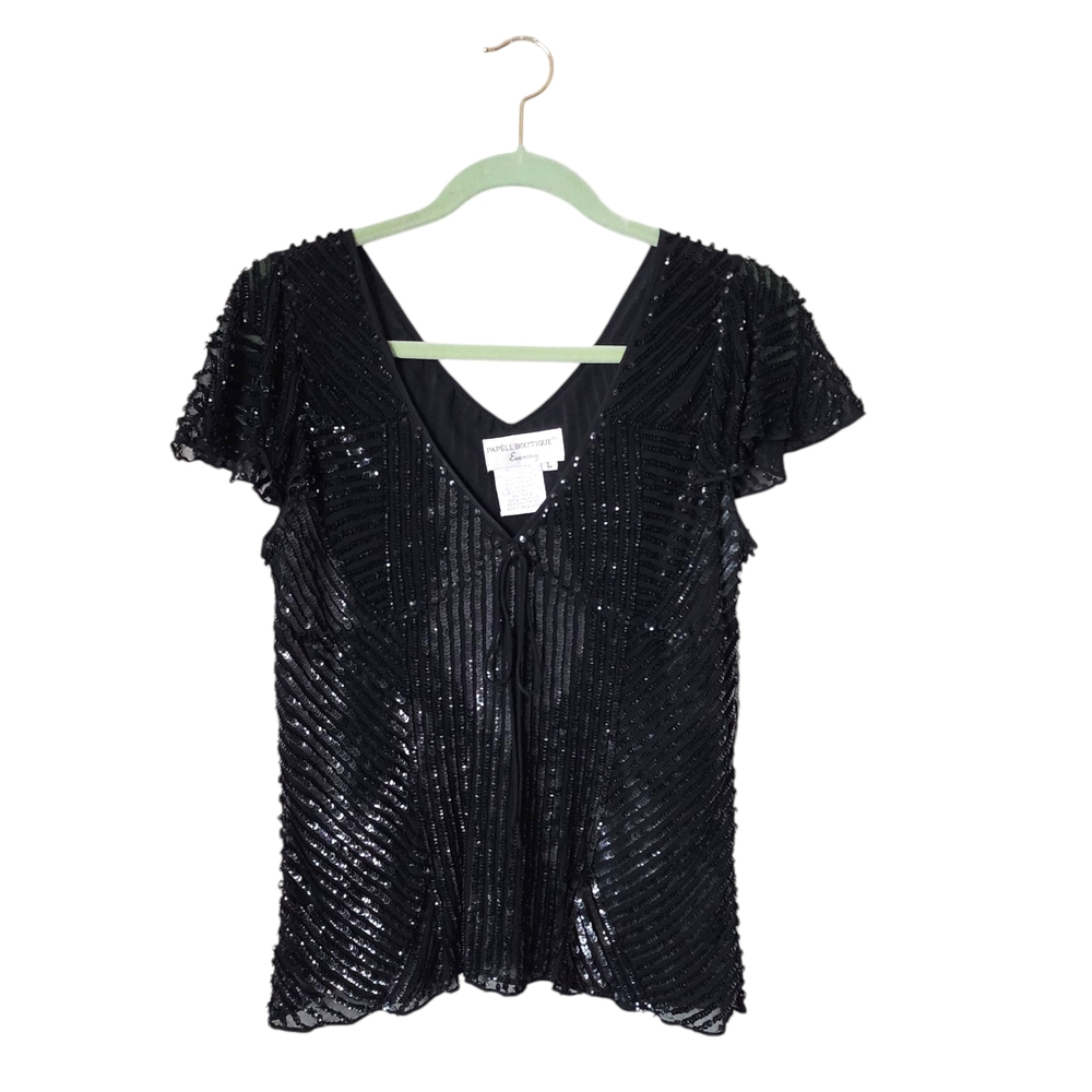 PAPELL BOUTIQUE EVENING babydoll beaded top Black silk Sequin Short Sleeve Top L